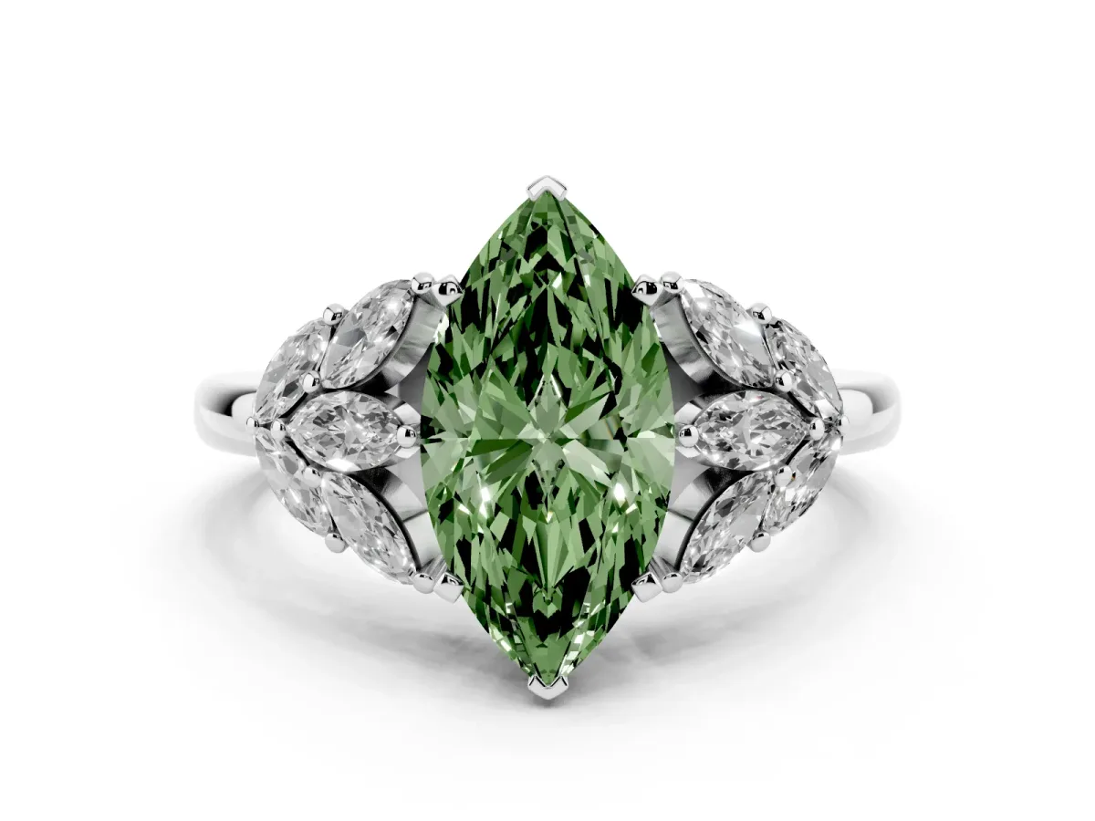 Fancy Green Marquise Cut Diamond Cluster Leaf Design Ring with Prong Setting Silver