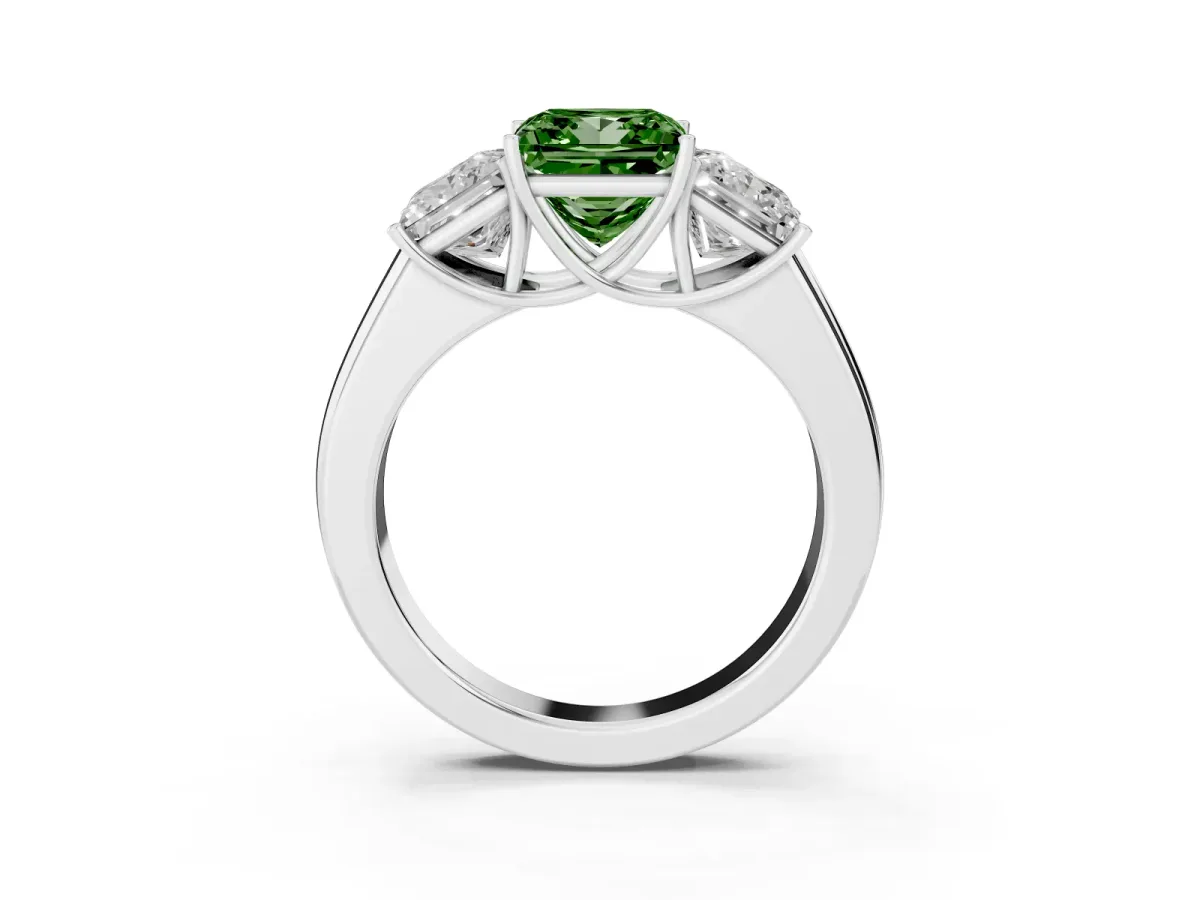 Fancy Green Three-Stone Princess Cut Cut Diamond Ring with Prong Setting and Classic Band Platinum