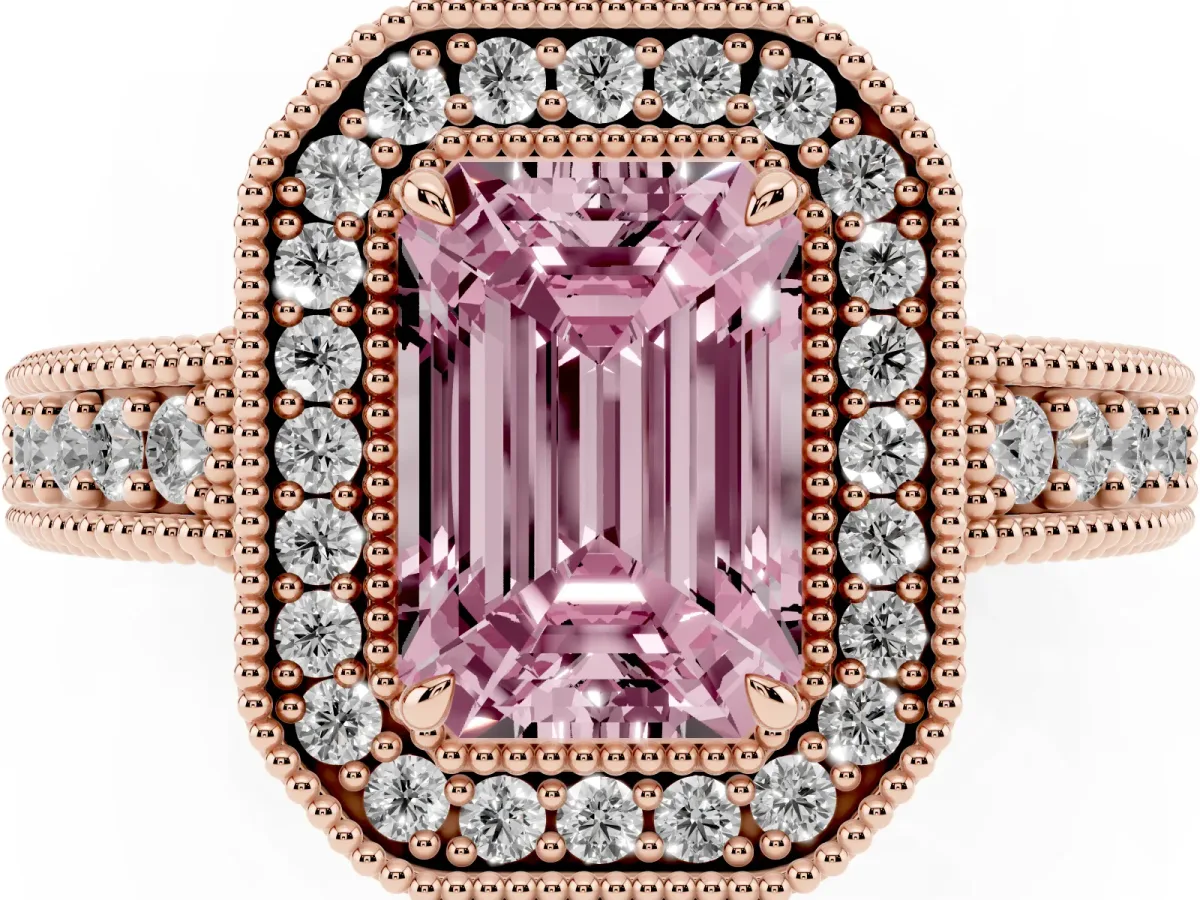 Fancy Pink Emerald Cut Cut Halo Diamond Ring with Pavé Band and Four-Prong Setting Rose gold