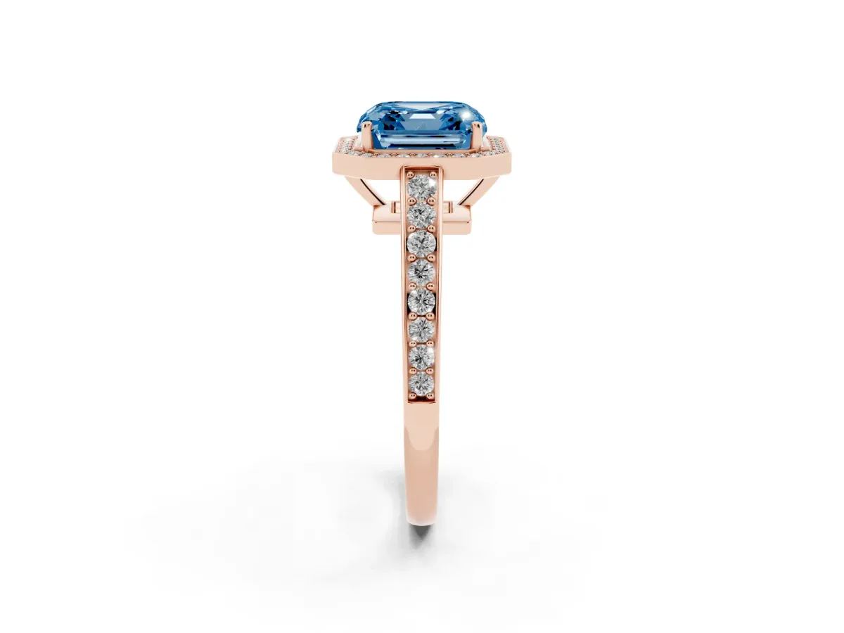 Fancy Blue Asscher Cut Halo Pavé Diamond Engagement Ring with Bezel Setting Rose gold