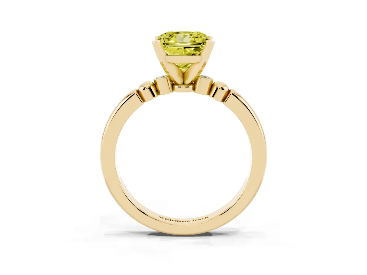 Fancy Yellow Princess Cut Solitaire Beaded Band with Four-Prong Setting Yellow gold