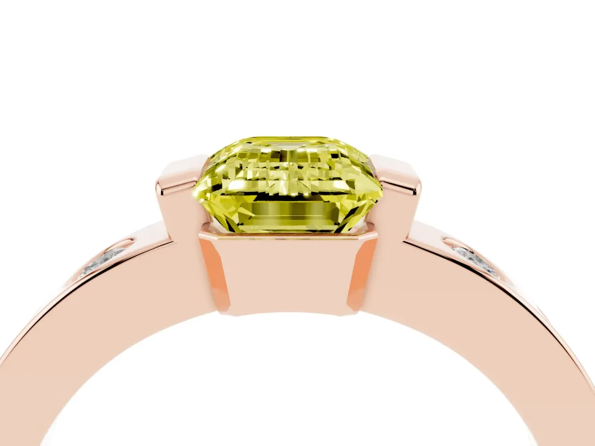 Fancy Yellow Emerald Cut Brilliant Channel-Set Diamond Ring with Bezel Prong Setting Rose gold