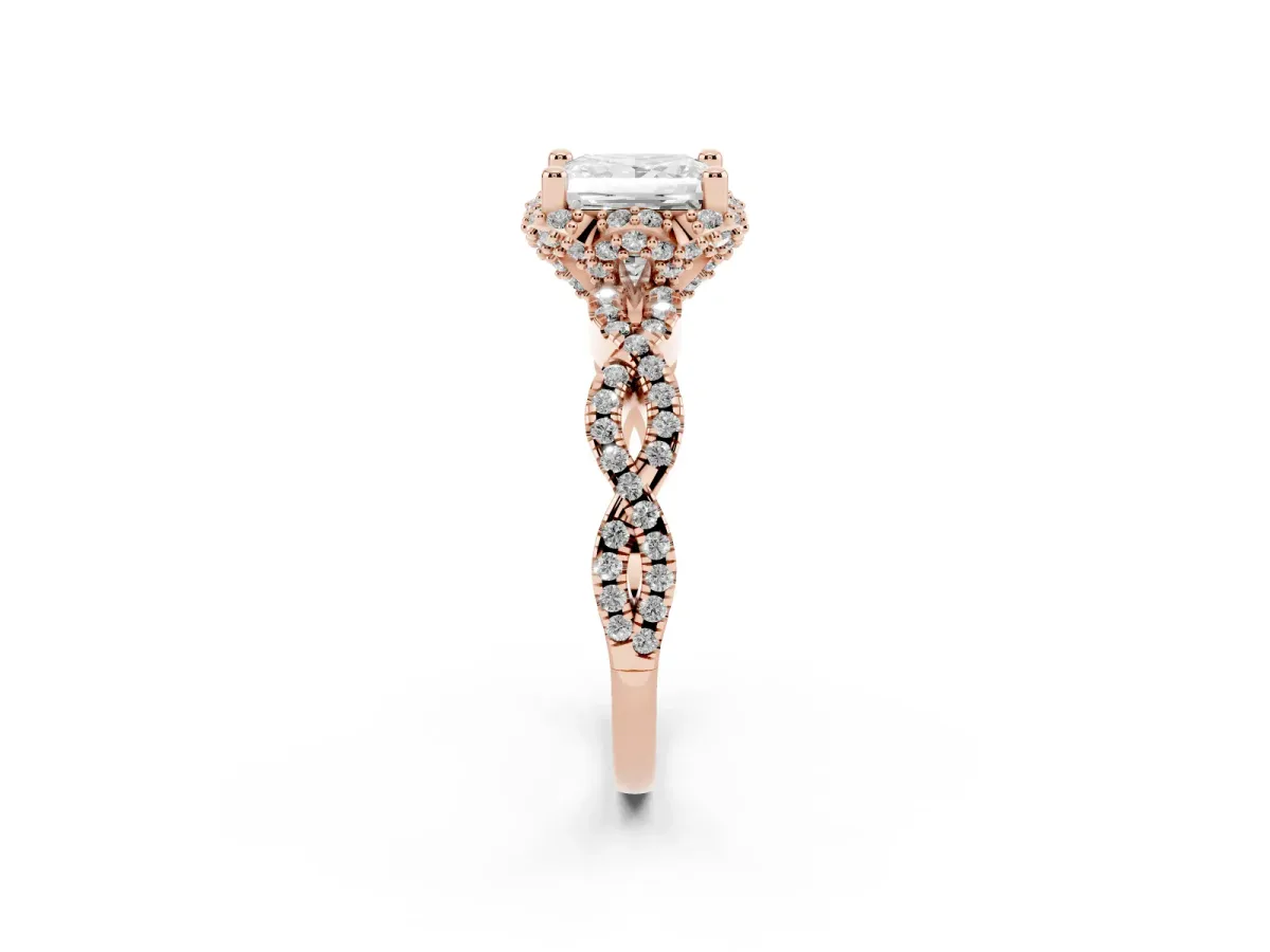 Princess Cut Halo Twist Band Solitaire Ring with Six-Prong Setting Rose gold