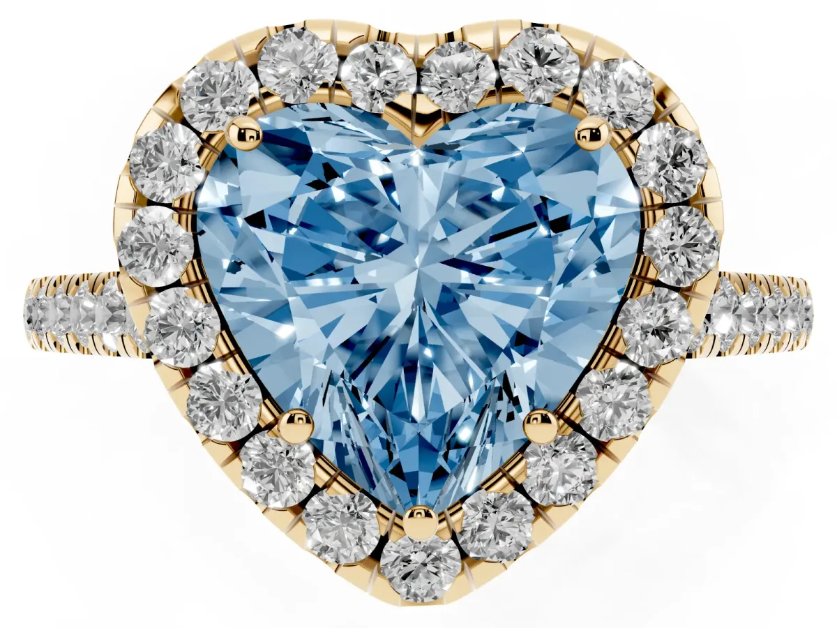 Fancy Blue Heart Cut Halo Pave Diamond Engagement Ring with Four-Prong Setting Yellow gold