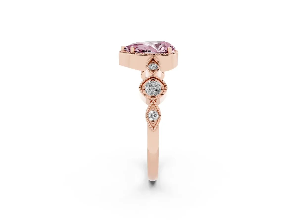 Fancy Pink Pear Cut Diamond Vintage Milgrain Ring with Round Stations Rose gold