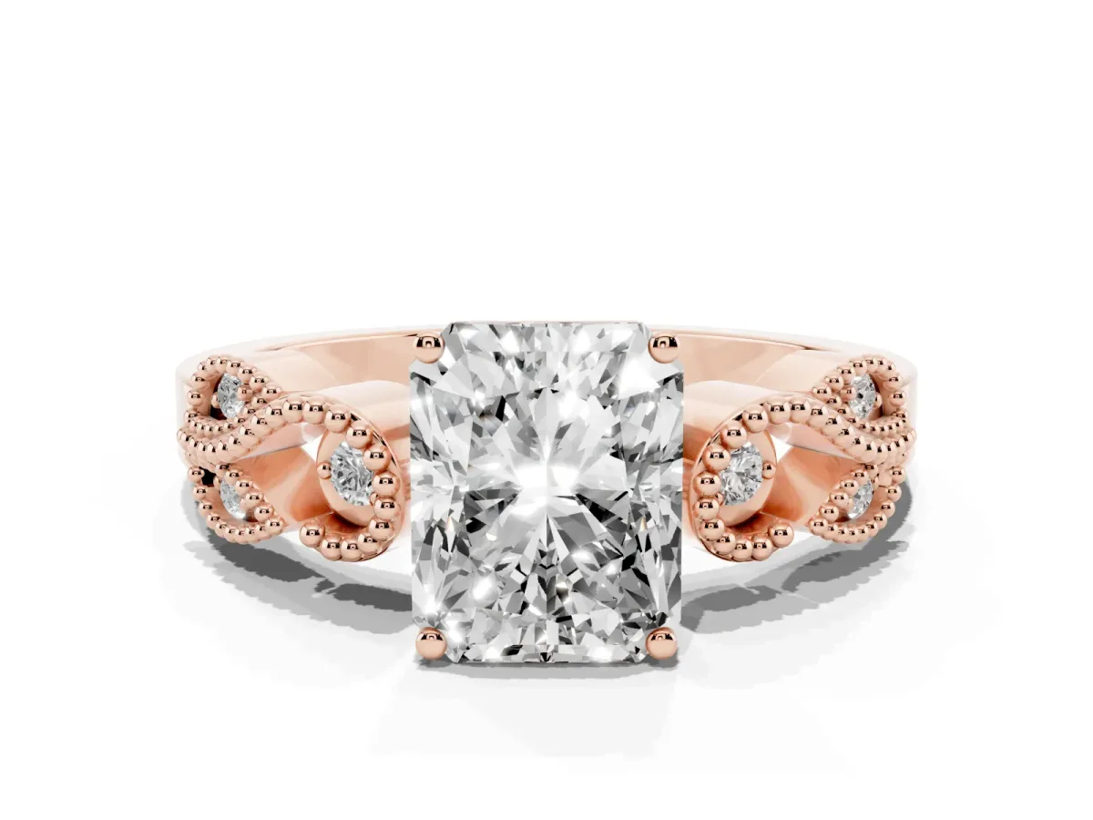 Princess Cut Solitaire Milgrain Leaf Band with Prong Setting Rose gold