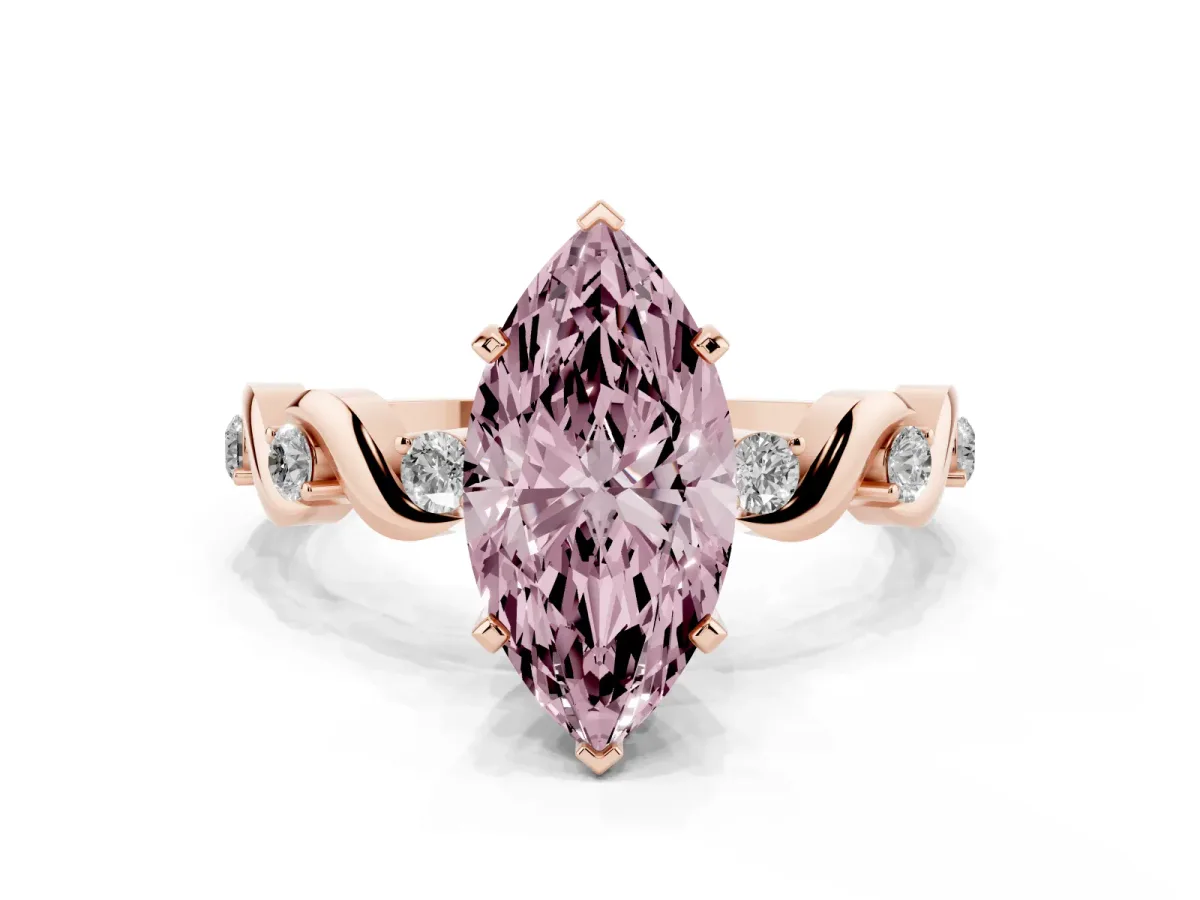 Fancy Pink Marquise Cut Diamond Solitaire Twisted Band with Round Accents and Prong Setting Rose gold