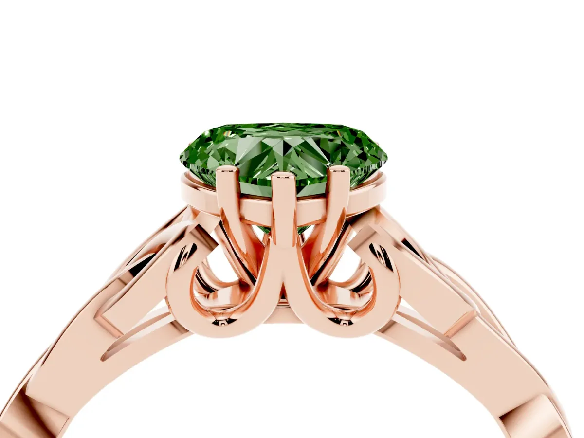 Fancy Green Heart Cut Diamond Solitaire Engagement Ring with Celtic Knot Band and Four-Prong Setting Rose gold