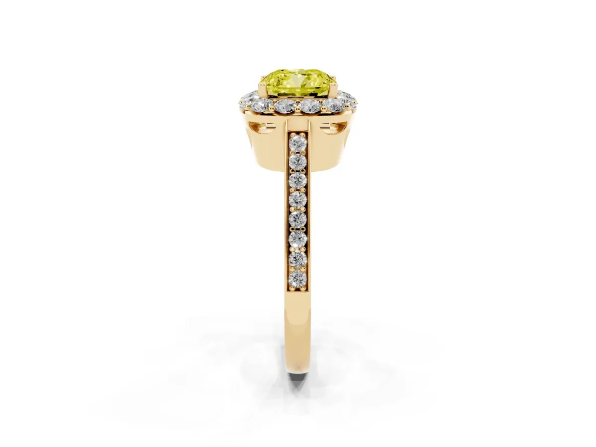 Fancy Yellow Cushion Cut Diamond Floral Halo Ring with Pavé Band and Prong Setting Yellow gold