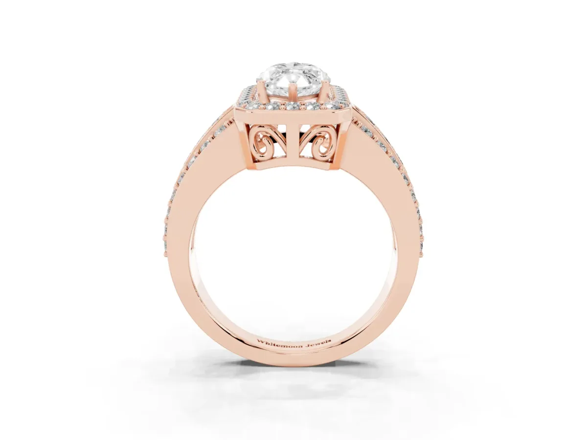 Marquise Cut Halo Diamond Ring with Round Split Shank and Prong Setting Rose gold