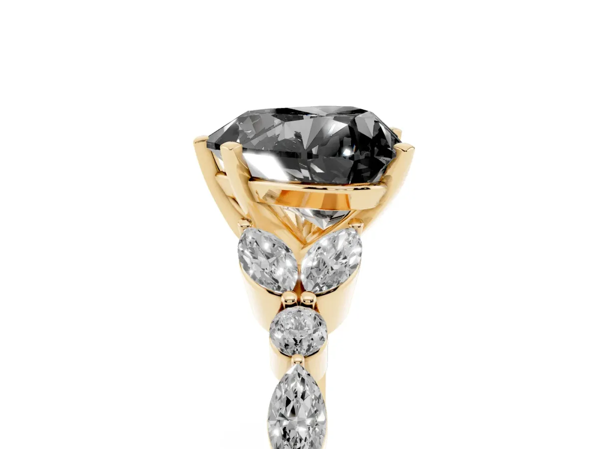 Fancy Black Heart Cut Diamond Solitaire Ring with Side Stones and Four-Prong Setting Yellow gold
