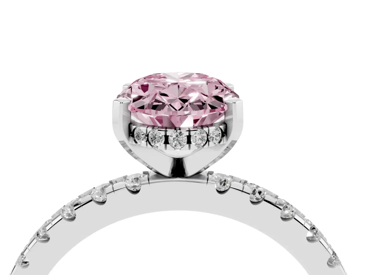 Fancy Pink Oval Cut Diamond Solitaire Ring with Round Pavé Band and Four-Prong Setting Silver