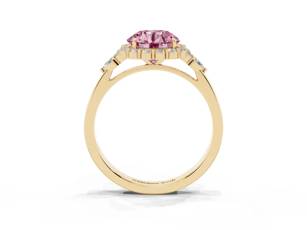 Fancy Pink Round Cut Diamond Halo Ring with Pear Side Stones and Prong Setting Yellow gold