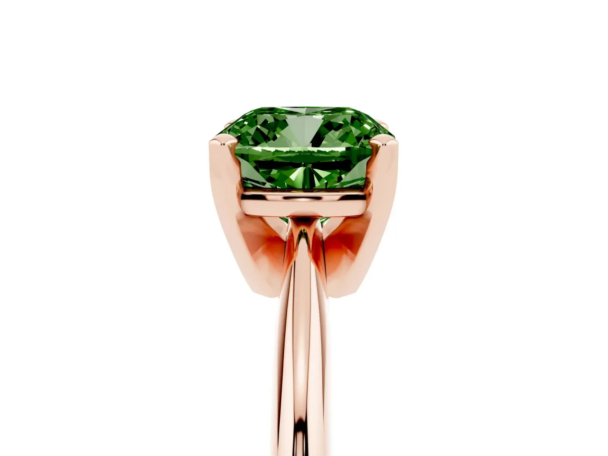Fancy Green Cushion Cut Cut Solitaire Ring with Four-Prong Setting on a Classic Band Rose gold