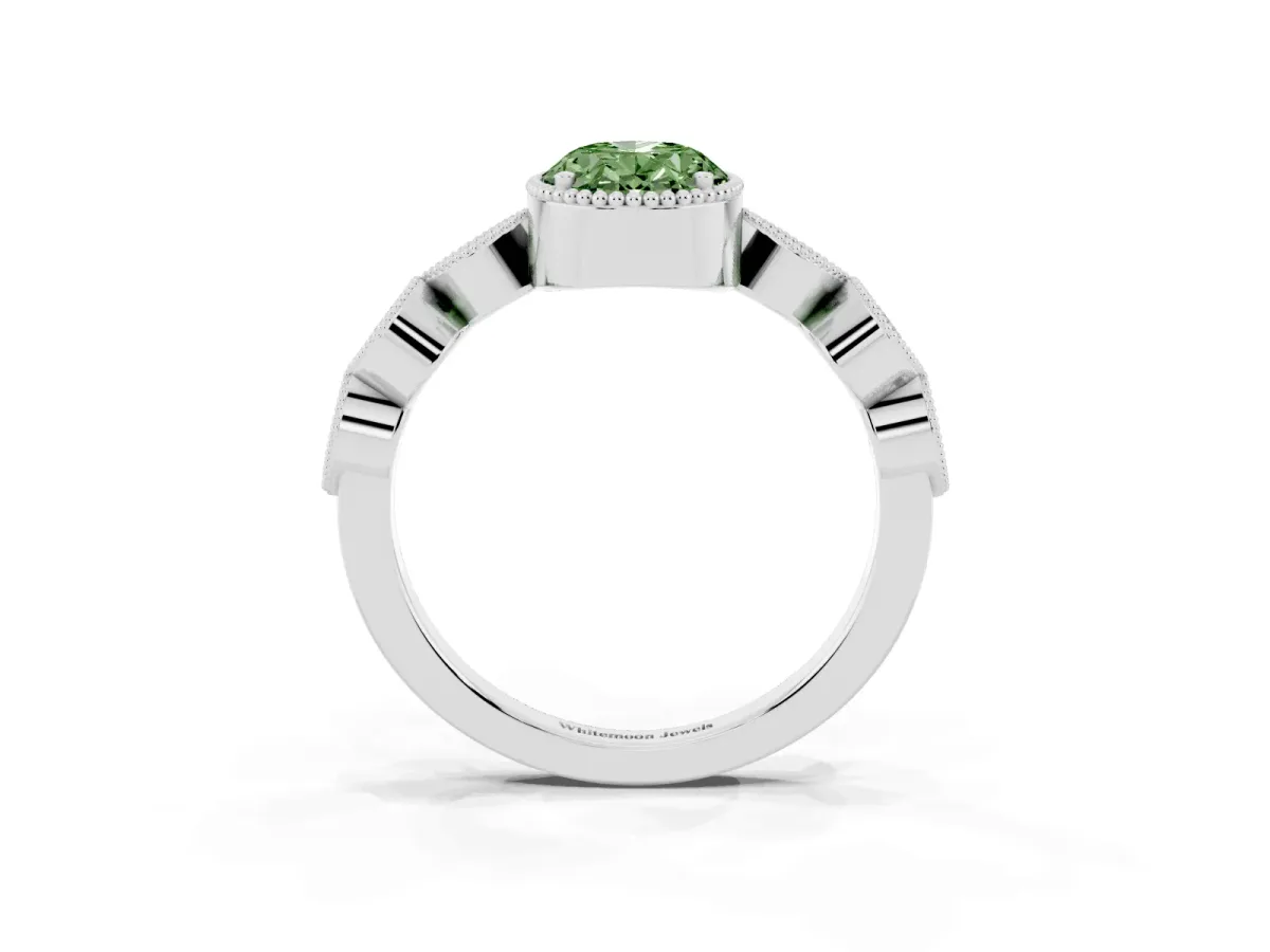 Fancy Green Oval Cut Diamond Vintage Milgrain Ring with Round Stations Platinum