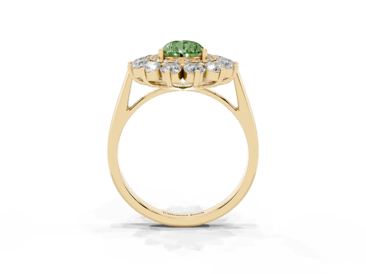 Fancy Green Pear Cut Diamond Floral Double Halo Engagement Ring with Prong Setting Yellow gold