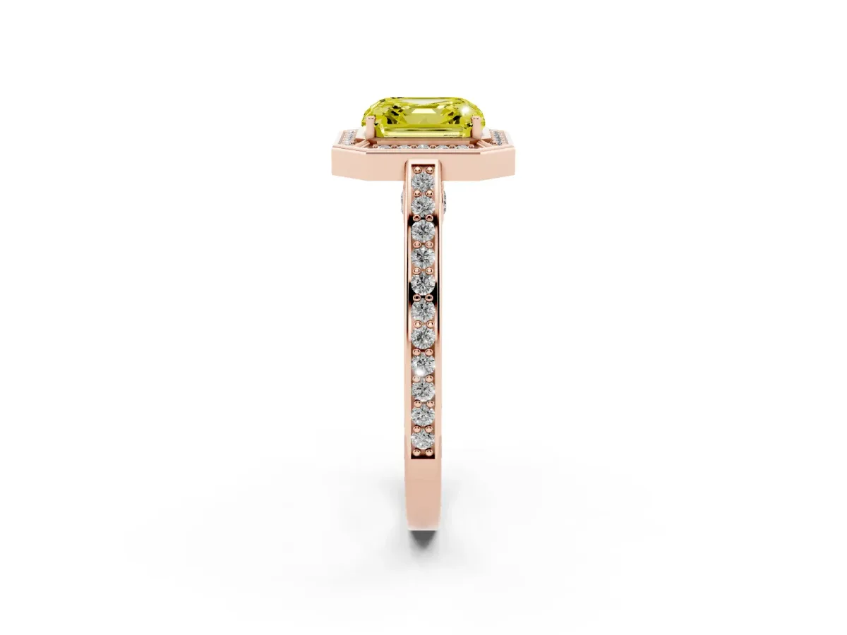 Fancy Yellow Asscher Cut Cut Halo Pave Split Shank Prong Setting Ring Rose gold