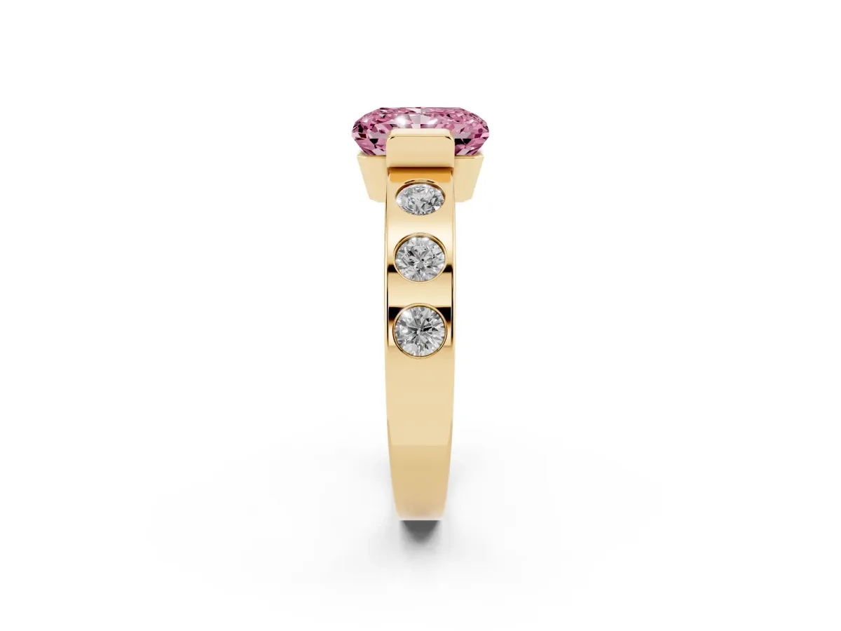 Fancy Pink Radiant Cut Brilliant Channel-Set Diamond Ring with Bezel Prong Setting Yellow gold