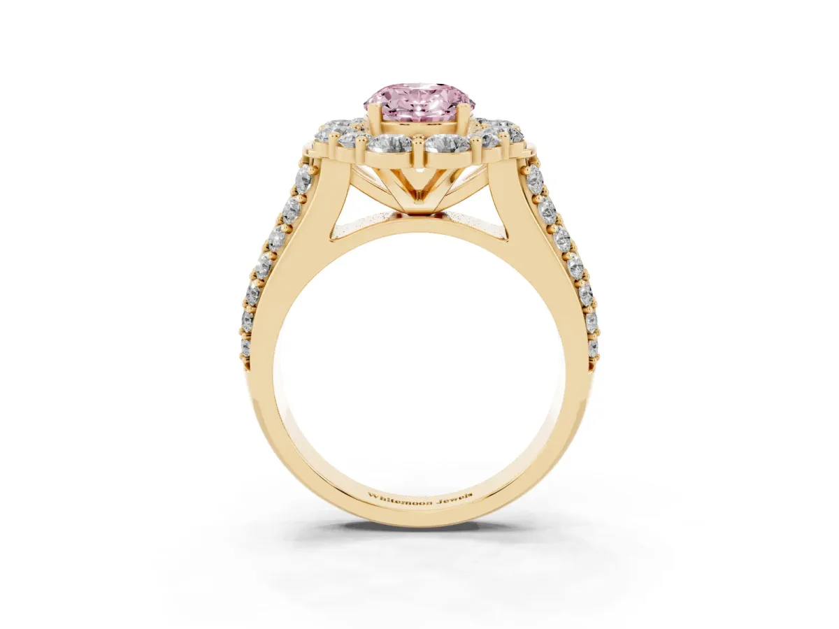 Fancy Pink Oval Cut Halo Diamond Engagement Ring with Split Shank and Prong Setting Yellow gold