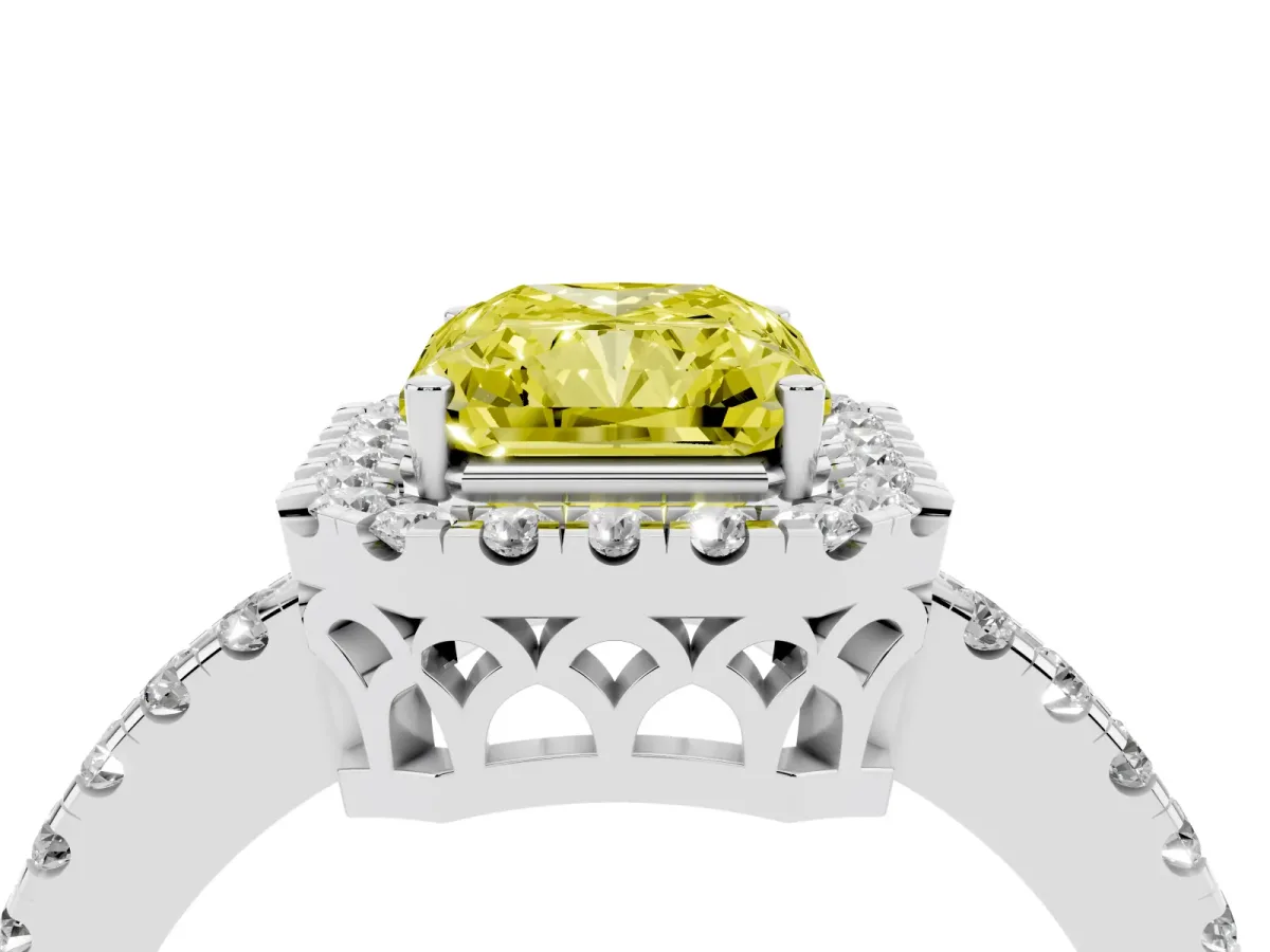 Fancy Yellow Radiant Cut Halo Diamond Engagement Ring with Pavé Band and Four-Prong Setting White gold