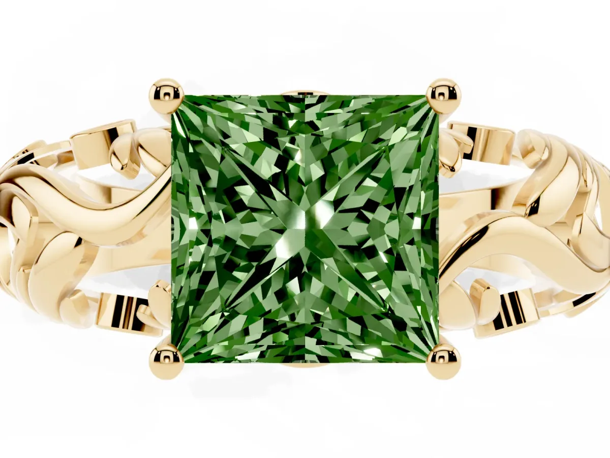 Fancy Green Princess Cut Solitaire Diamond Leaf-Inspired Vine Band Ring with Prong Setting Yellow gold