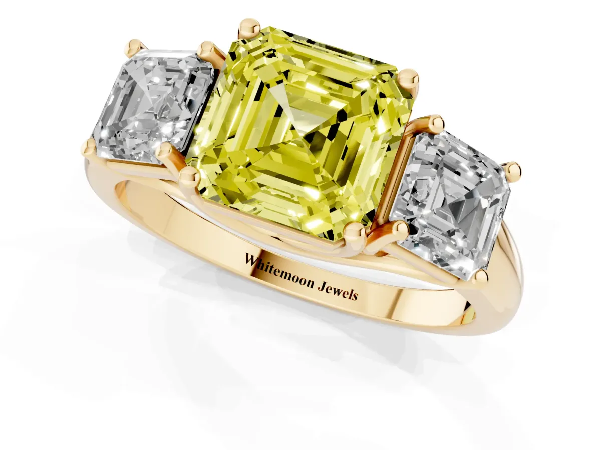 Fancy Yellow Three-Stone Asscher Cut Diamond Engagement Ring with Prong Setting Yellow gold