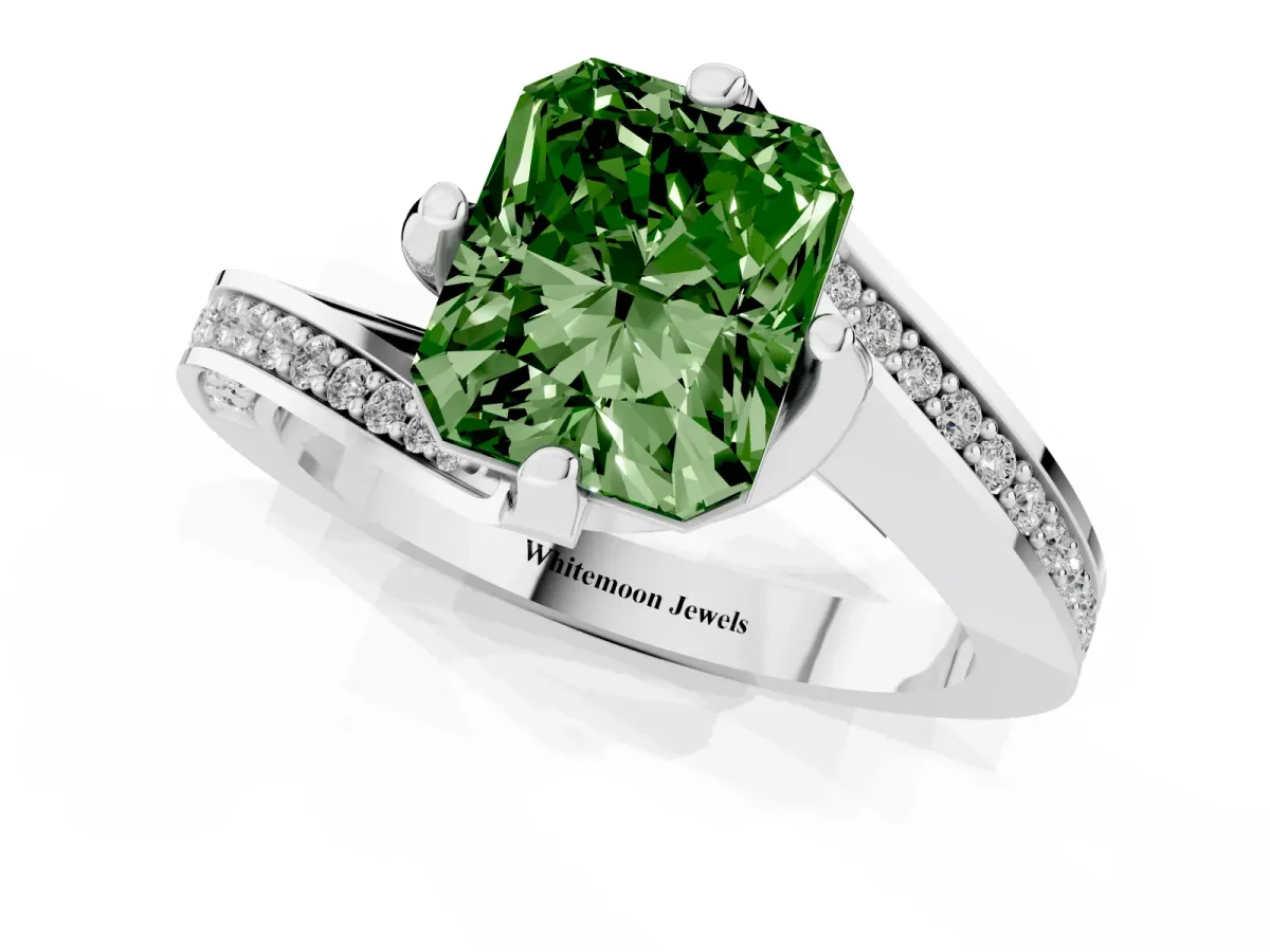 Fancy Green Radiant Cut Solitaire Diamond Twist Band with Pavé Setting and Four-Prong Setting Silver