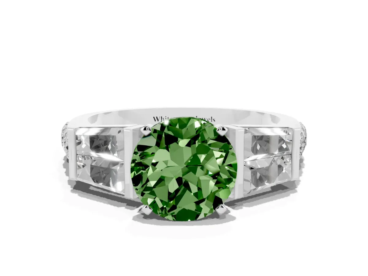 Fancy Green Round Cut Diamond Engagement Ring with Baguette Side Stones and Channel Set Band Silver