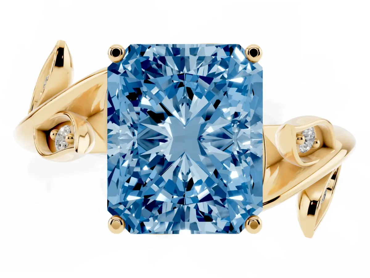 Fancy Blue Radiant Cut Solitaire Twist Engagement Ring with Leaf Accents and Prong Setting Yellow gold