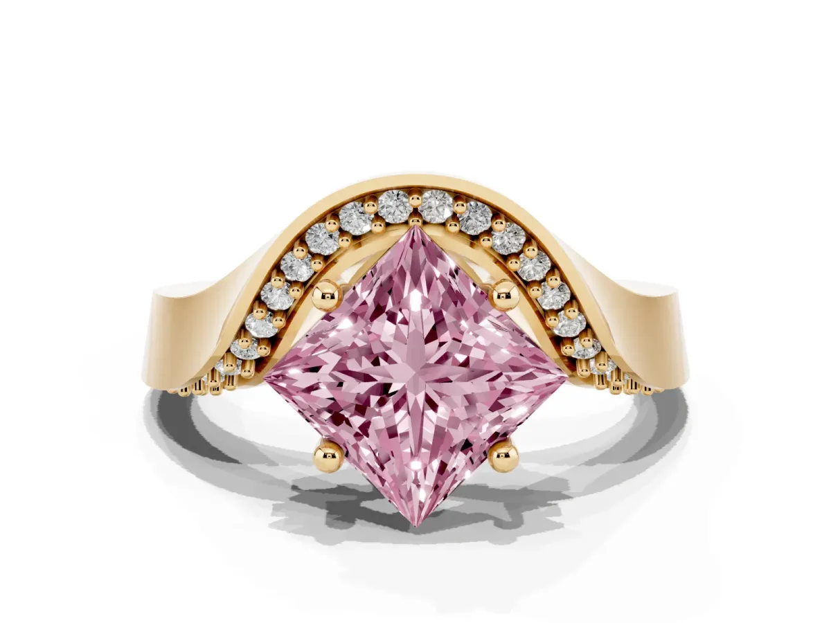 Fancy Pink Princess Cut Solitaire Diamond Engagement Ring with Pave Band and Four-Prong Setting Yellow gold