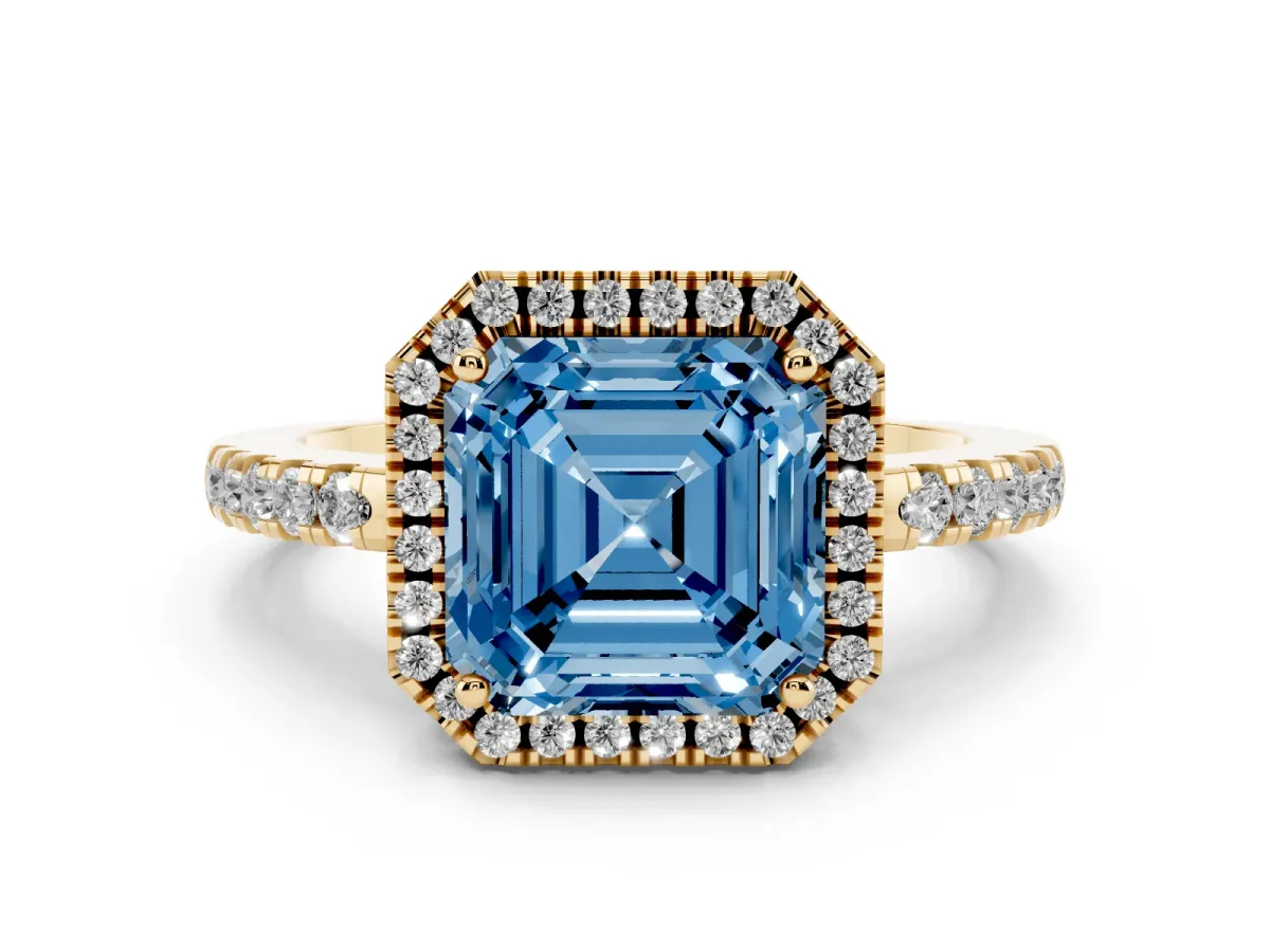 Fancy Blue Asscher Cut Halo Diamond Engagement Ring with Pavé Band and Four-Prong Setting Yellow gold