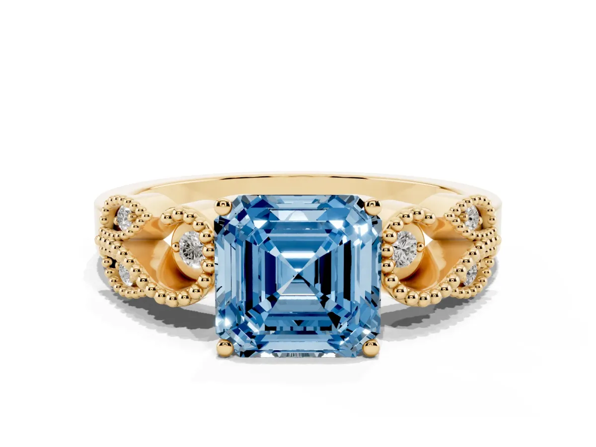 Fancy Blue Asscher Cut Solitaire Milgrain Leaf Band with Prong Setting Yellow gold