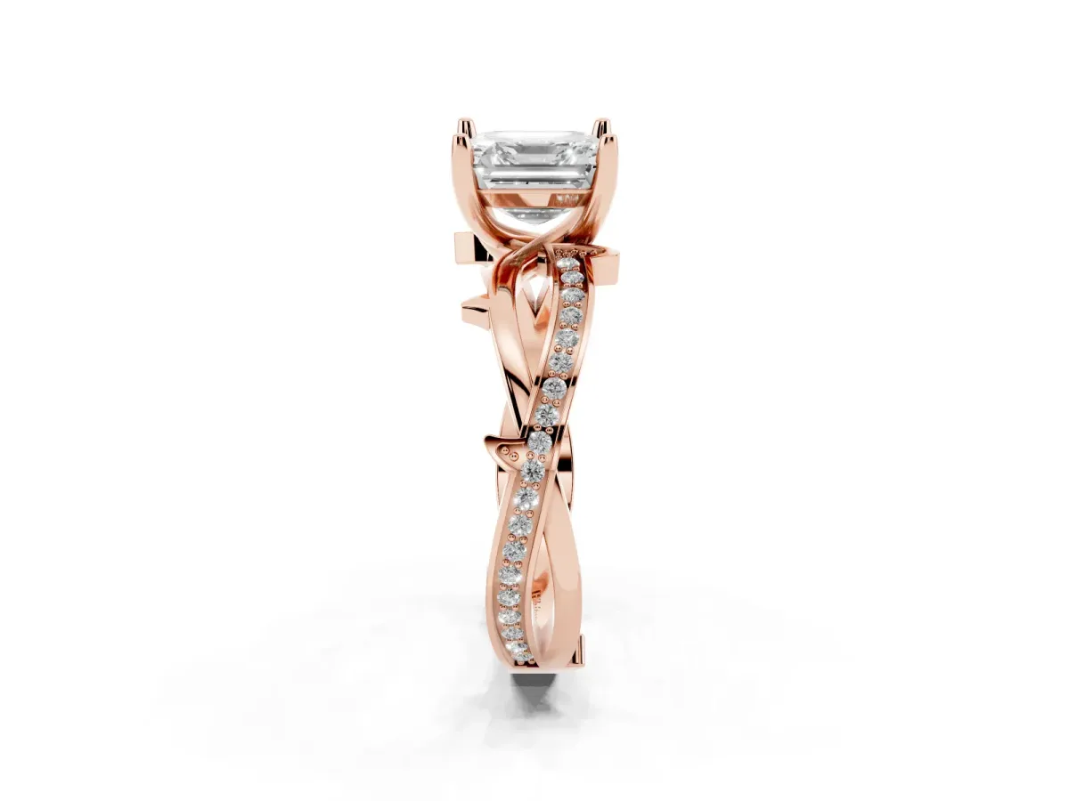 Asscher Cut Solitaire Twist Band with Pavé Accents and Four-Prong Setting Rose gold