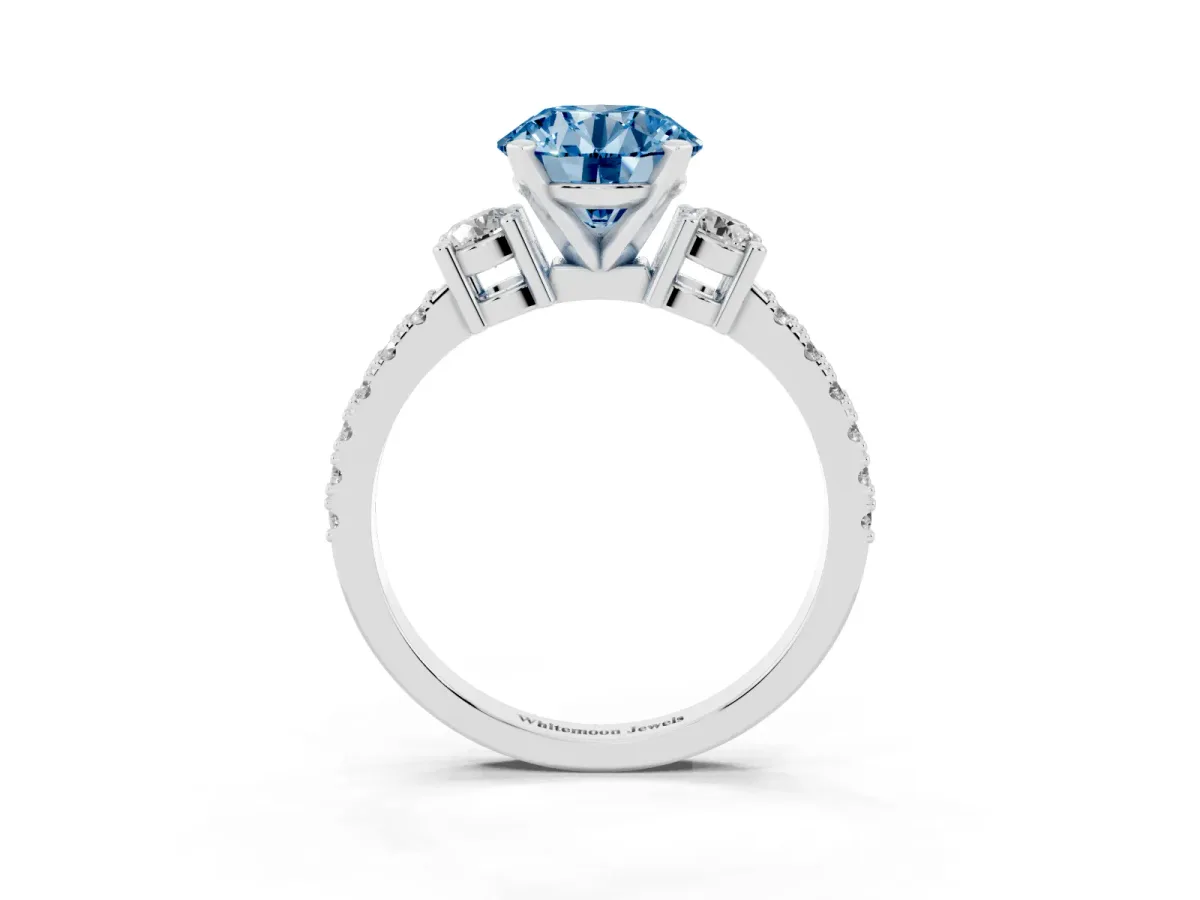 Fancy Blue Round Cut Three-Stone Diamond Pavé Band with Prong Setting Silver