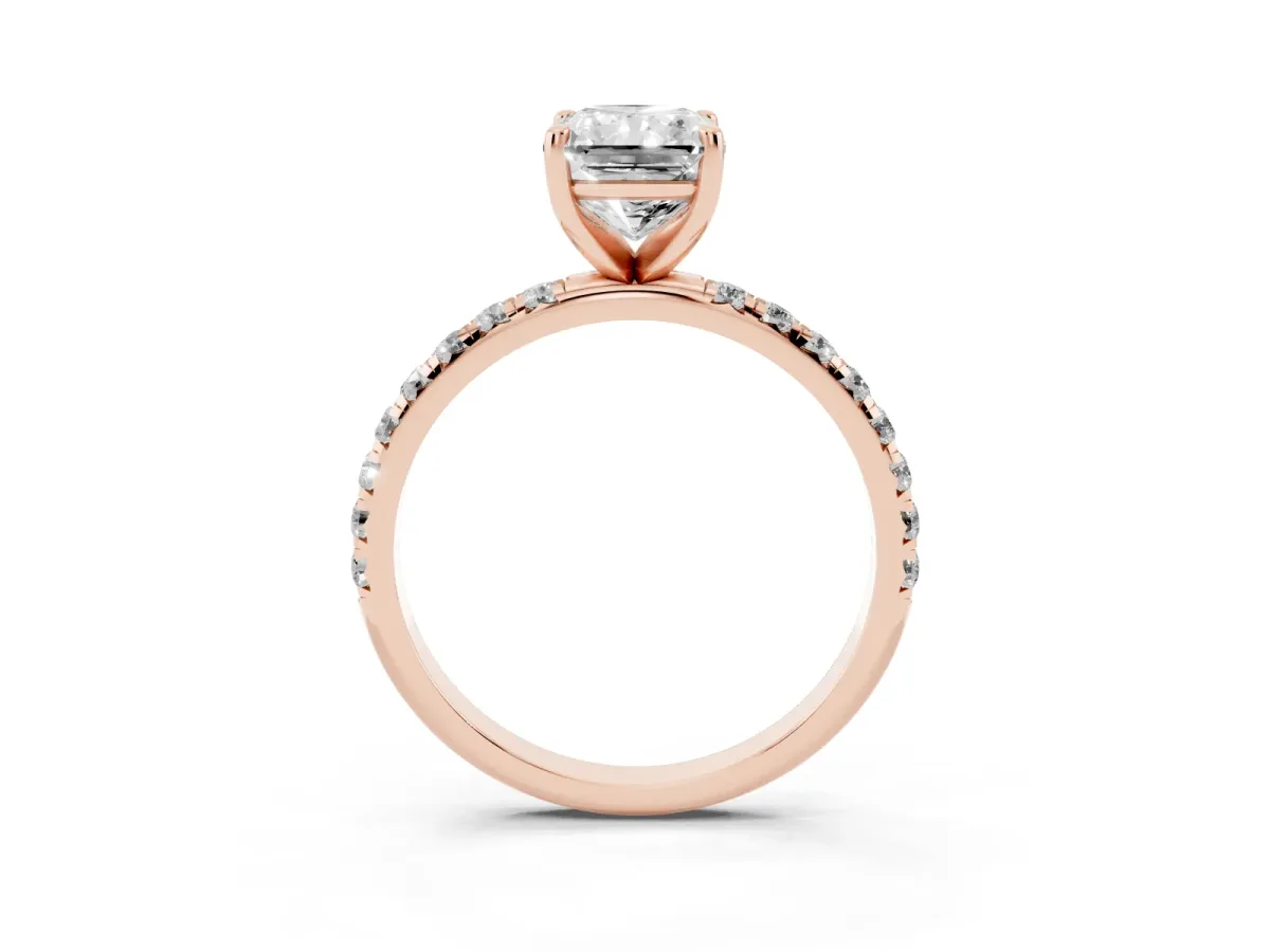 Radiant Cut Cut Diamond Solitaire Ring with Micro Pave Band and Four Prong Setting Rose gold