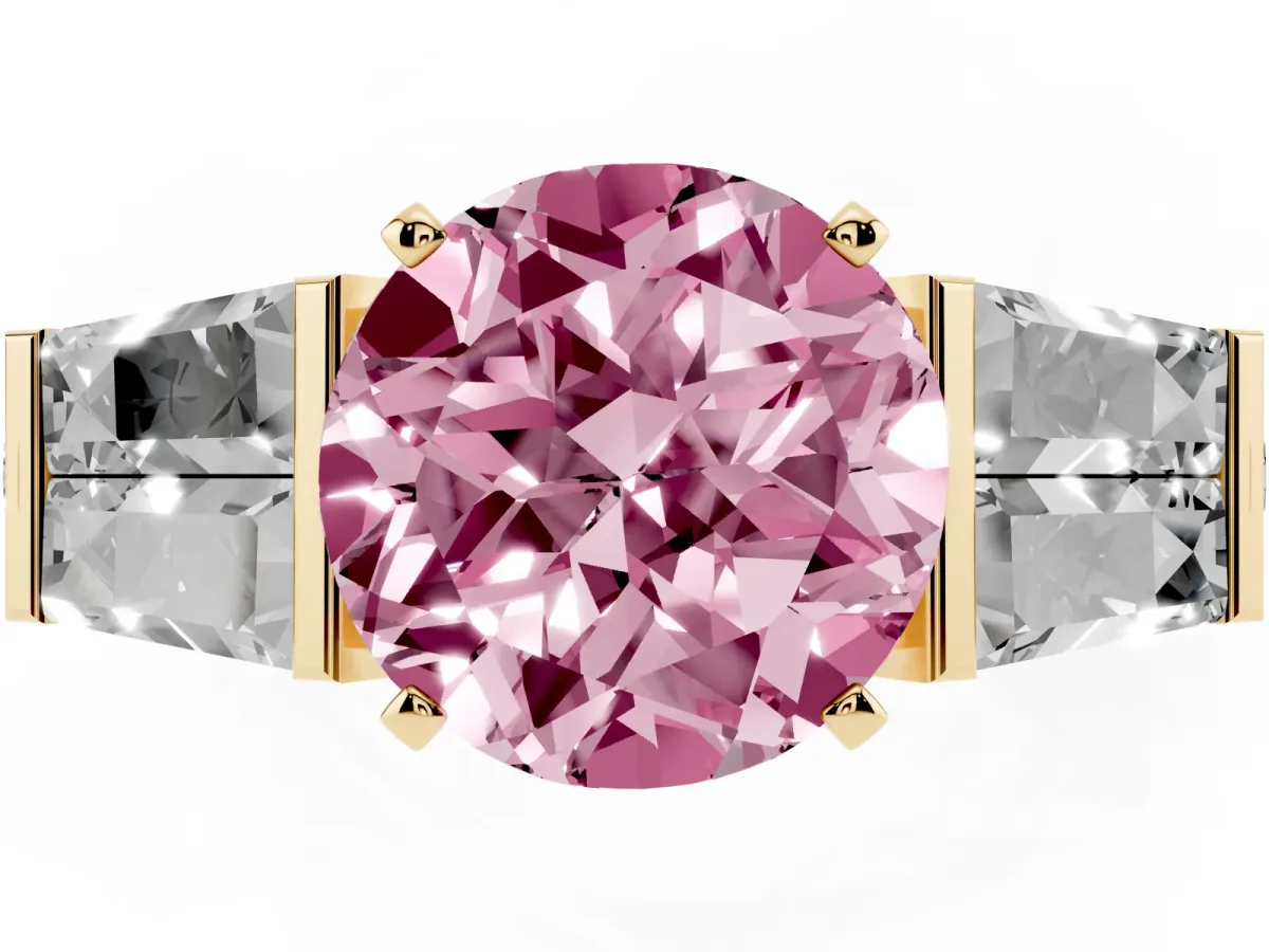 Fancy Pink Round Cut Diamond Engagement Ring with Baguette Side Stones and Channel Set Band Yellow gold