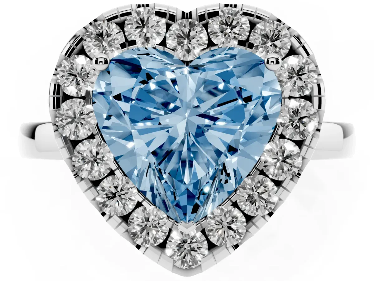 Fancy Blue Heart Cut Halo Diamond Solitaire with Pavé Band and Four-Prong Setting White gold