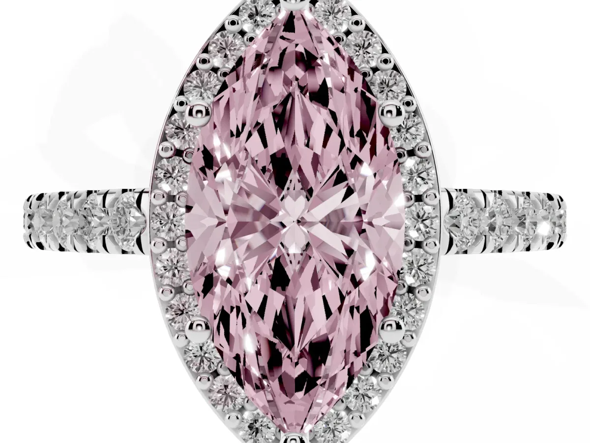 Fancy Pink Marquise Cut Cut Halo Diamond Engagement Ring with Pave Band and Four-Prong Setting White gold