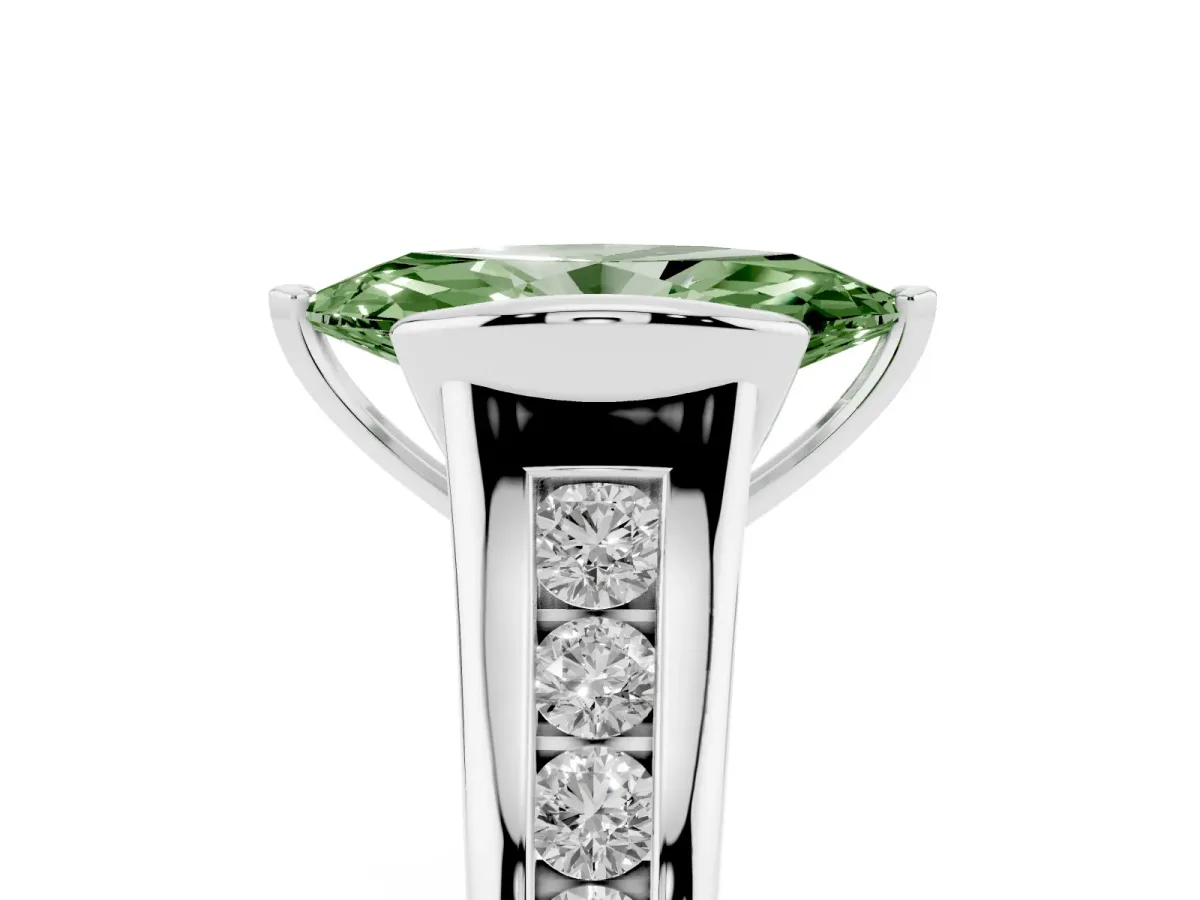 Fancy Green Marquise Cut Solitaire Bezel-Set Diamond Ring with Channel-Set Band Silver