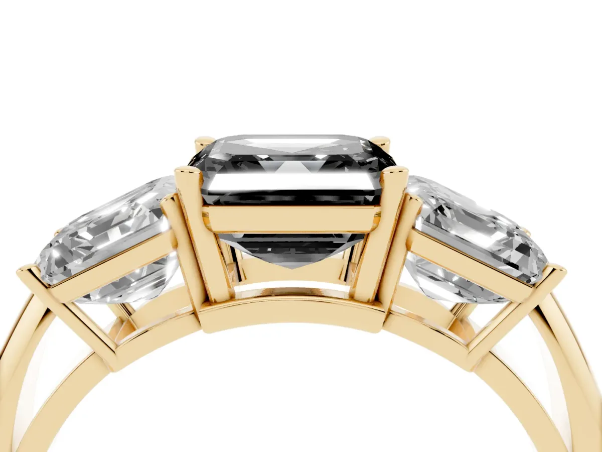 Fancy Black Three-Stone Asscher Cut Cut Diamond Engagement Ring with Prong Setting on a White Gold Band Yellow gold