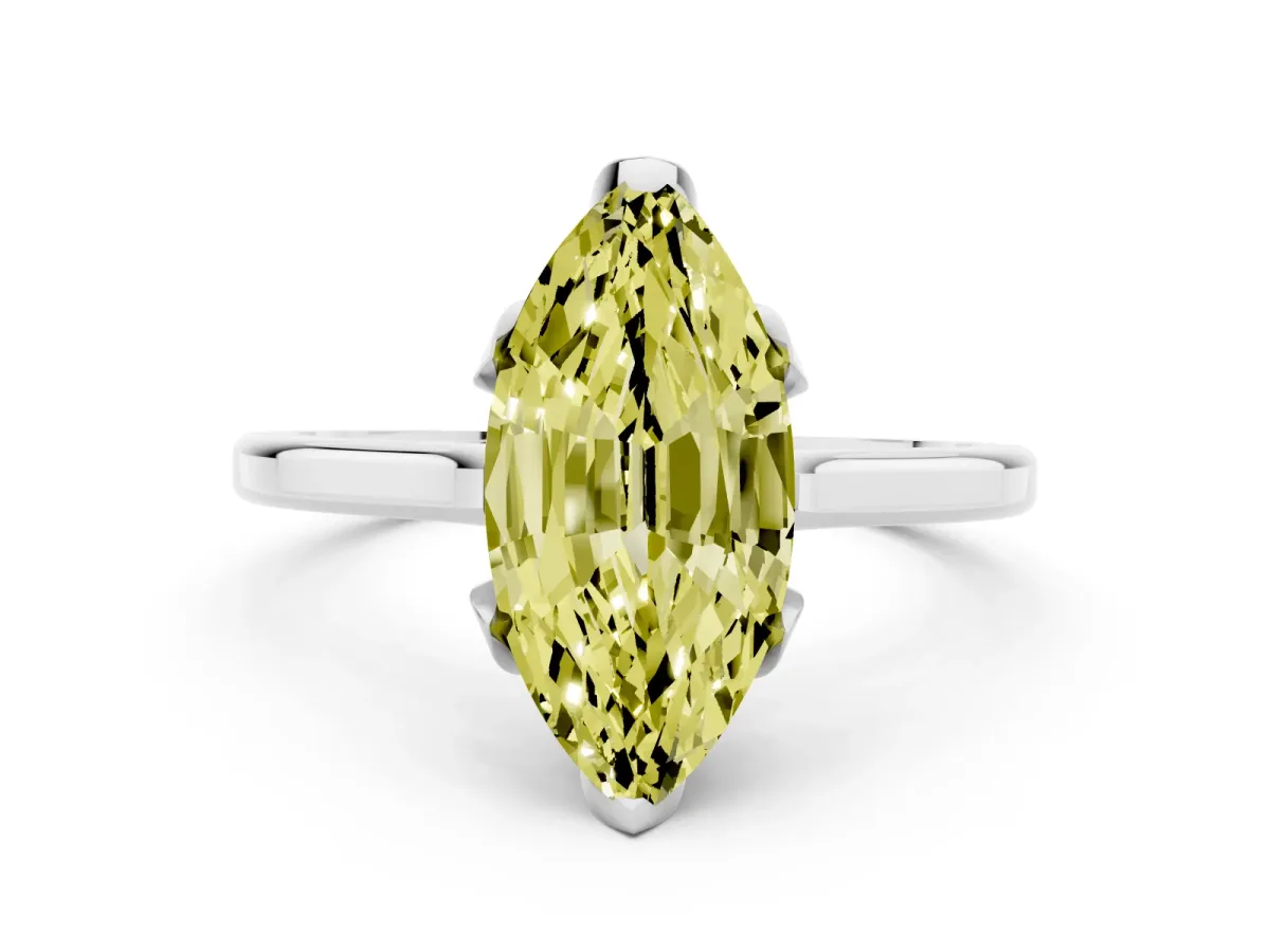 Fancy Yellow Marquise Cut Diamond Solitaire Ring with Flower Prong Setting and Classic Band White gold