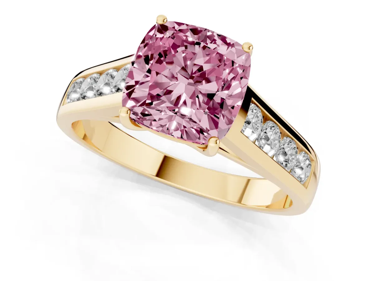 Fancy Pink Cushion Cut Brilliant Channel-Set Solitaire Ring with Four-Prong Setting Yellow gold