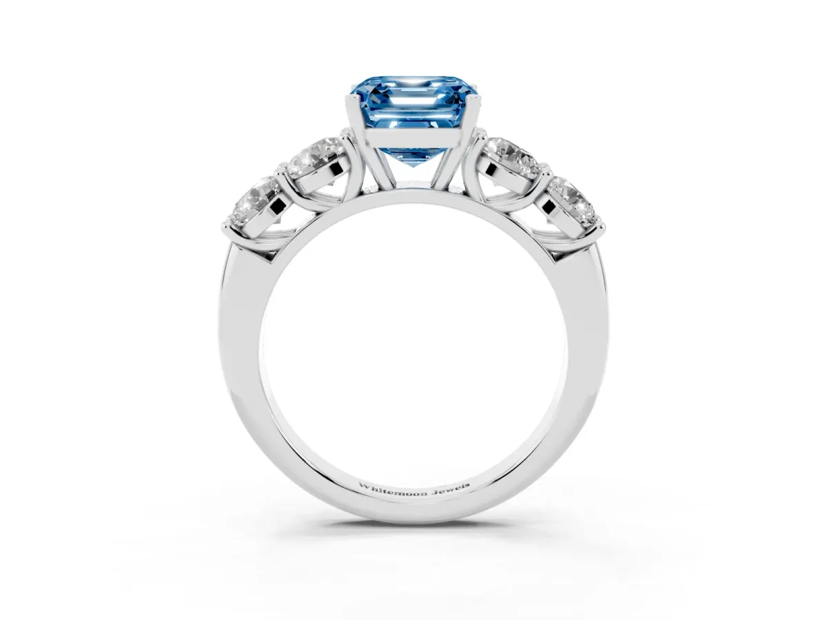 Fancy Blue Asscher Cut Cut Five-Stone Prong Set Diamond Ring with Classic Band White gold