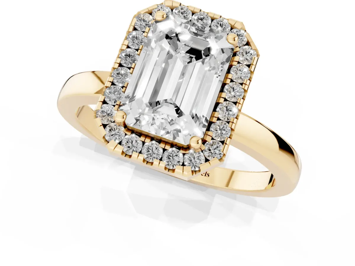 Emerald Cut Halo Diamond Solitaire with Pavé Band and Four-Prong Setting Yellow gold