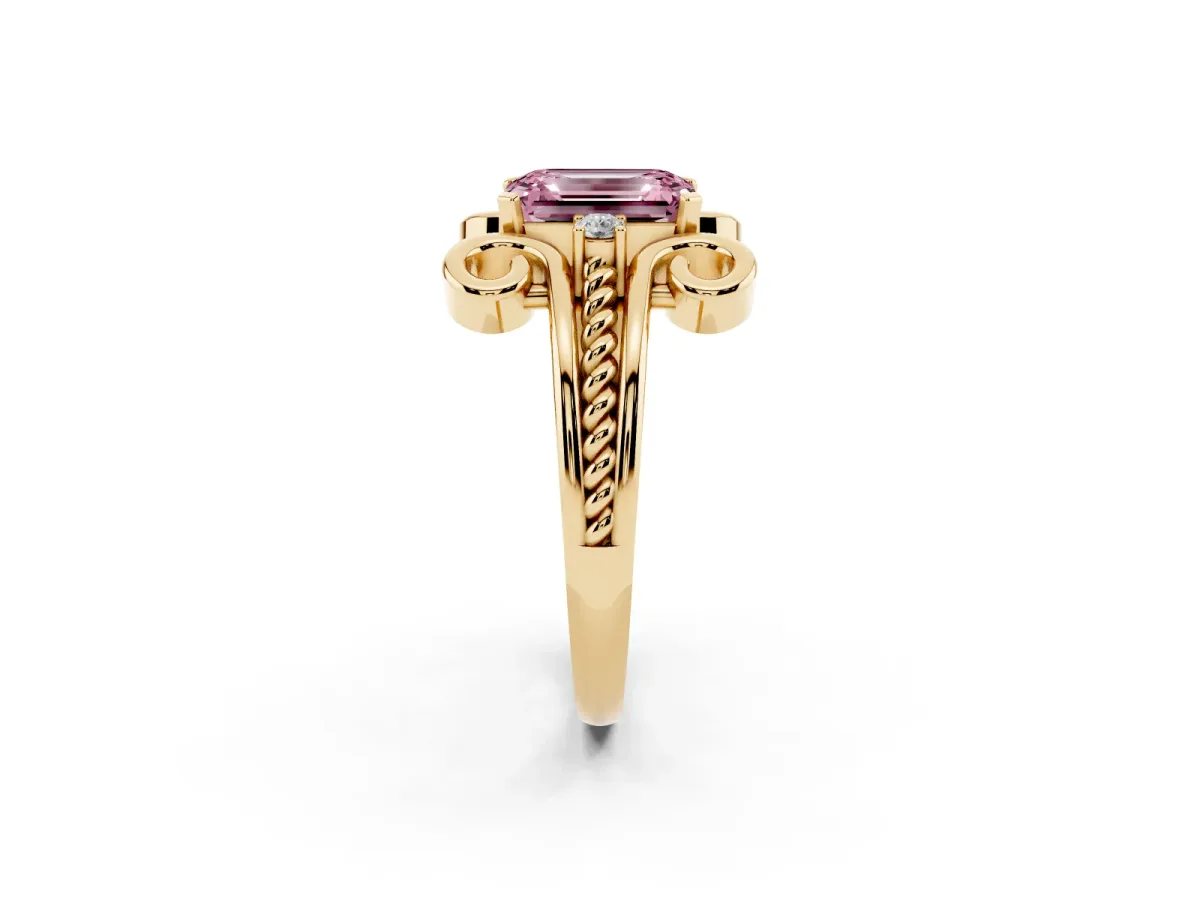 Fancy Pink Emerald Cut Solitaire Twisted Band Scroll Prong Ring Yellow gold