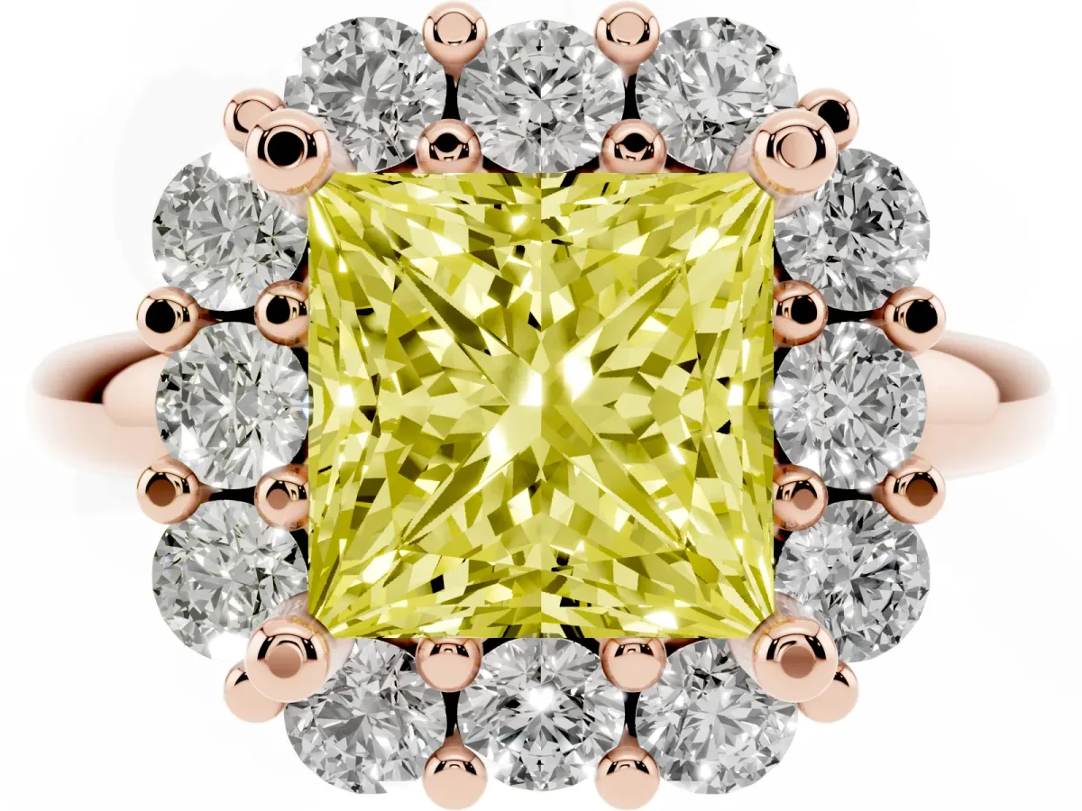 Fancy Yellow Princess Cut Halo Cluster Diamond Engagement Ring with Prong Setting and Polished Band Rose gold