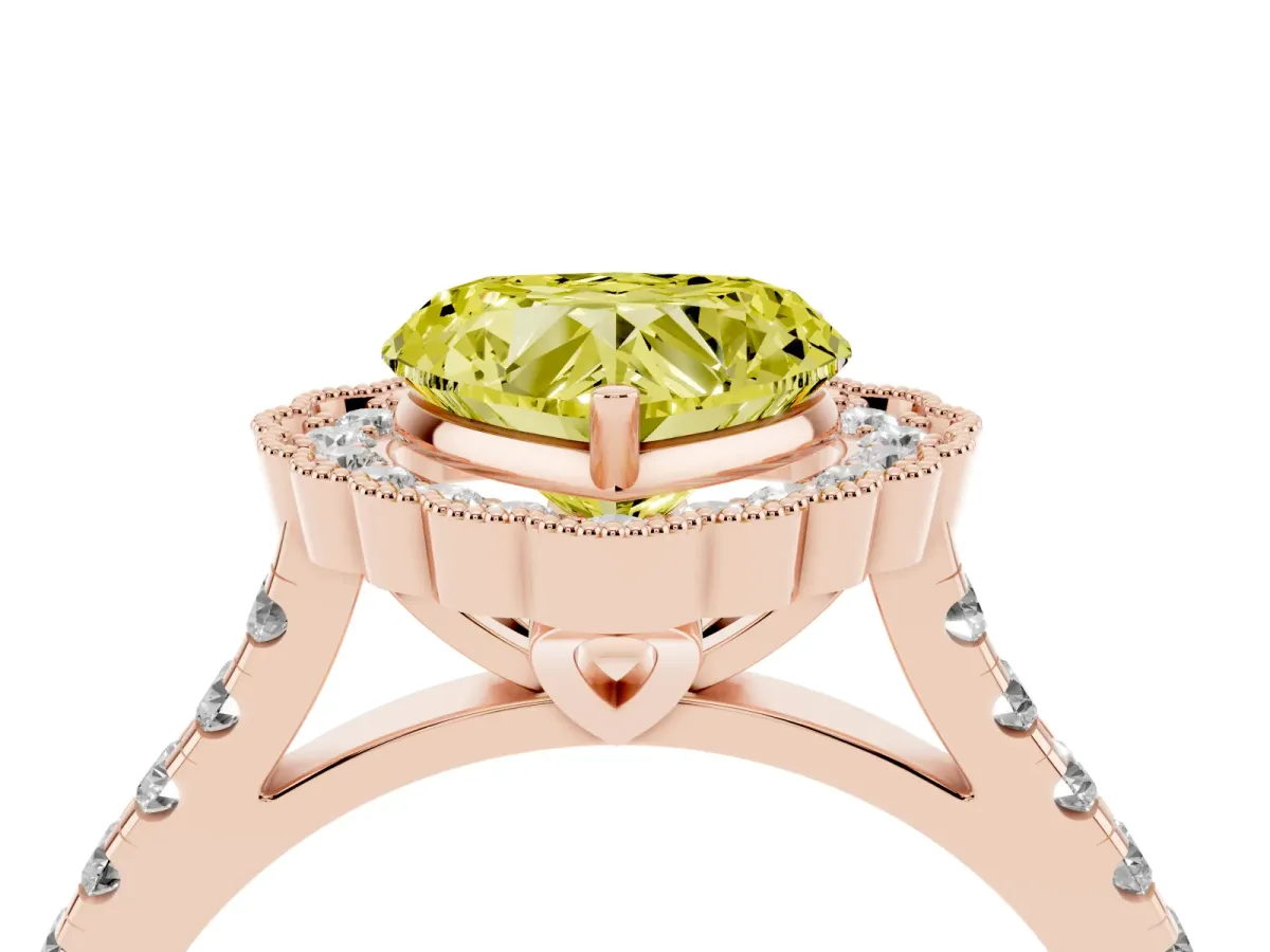 Fancy Yellow Heart Cut Cut Diamond Milgrain Floral Halo Engagement Ring with Pavé Band Rose gold