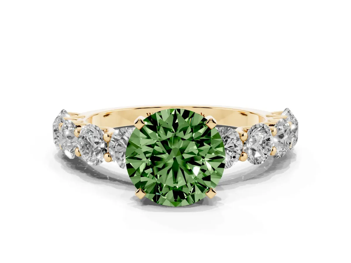 Fancy Green Round Cut Diamond Prong Setting with Side Stones on a Pave Band Yellow gold