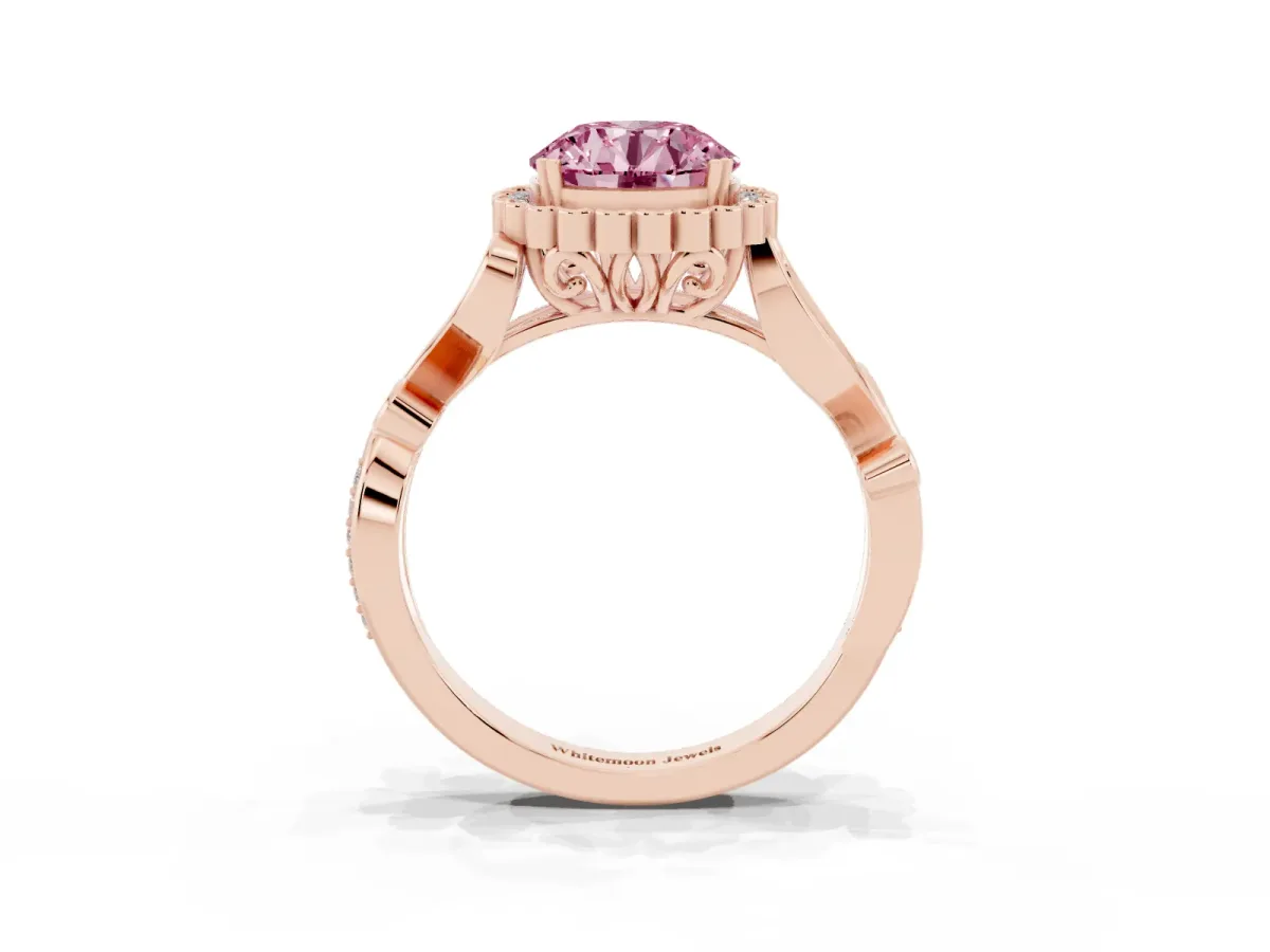 Fancy Pink Round Cut Diamond Halo Ring with Vintage Split Shank and Four-Prong Setting Rose gold