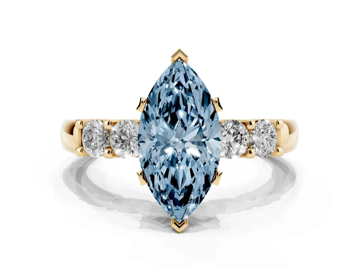 Fancy Blue Marquise Cut Brilliant Cut Diamond Five-Stone Prong Set Engagement Ring with Channel Band Yellow gold